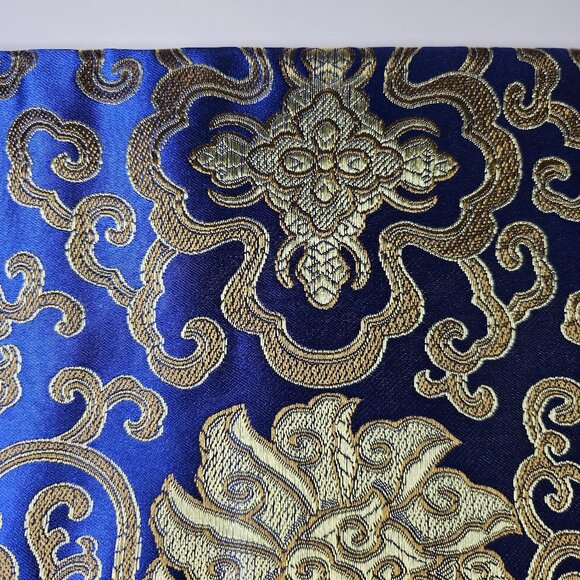 Exquisite Yung Silk Brocade Cobalt Blue And Gold Scarf With Silk Fringe - Picture 8 of 8